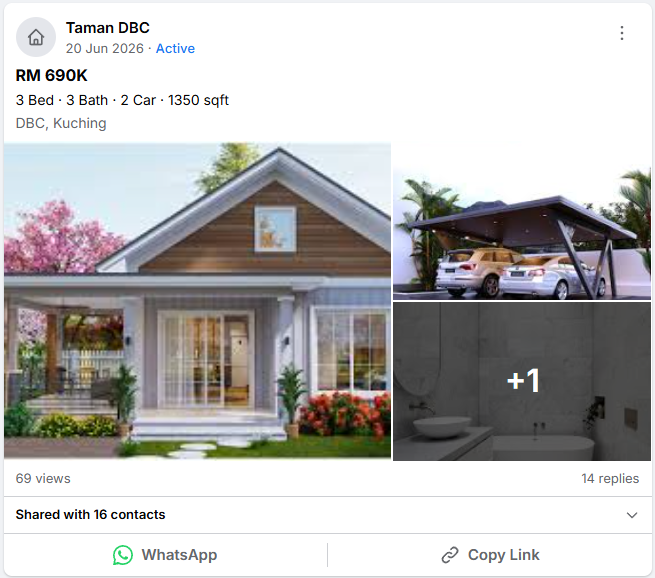 PropFollow property showcase card showing Taman DBC listing with photos, price, and specs