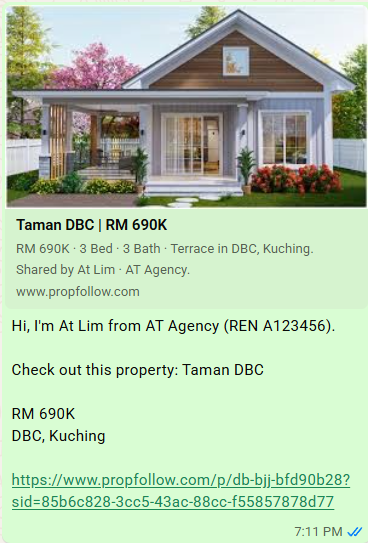 WhatsApp message with PropFollow property link preview showing Taman DBC listing